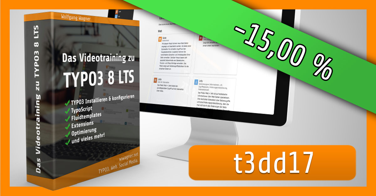Read more about the article Sonderaktion zu den DevDays: 15 % Rabatt auf das TYPO3 8 LTS Videotraining #t3dd17