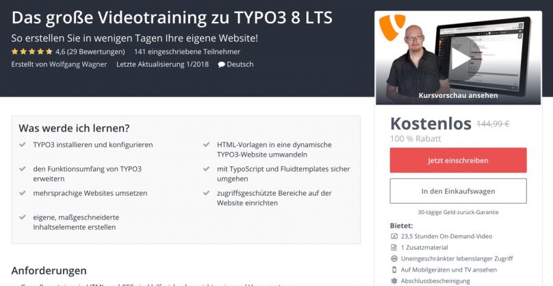 Das Videotraining TYPO3 8 LTS bei Udemy
