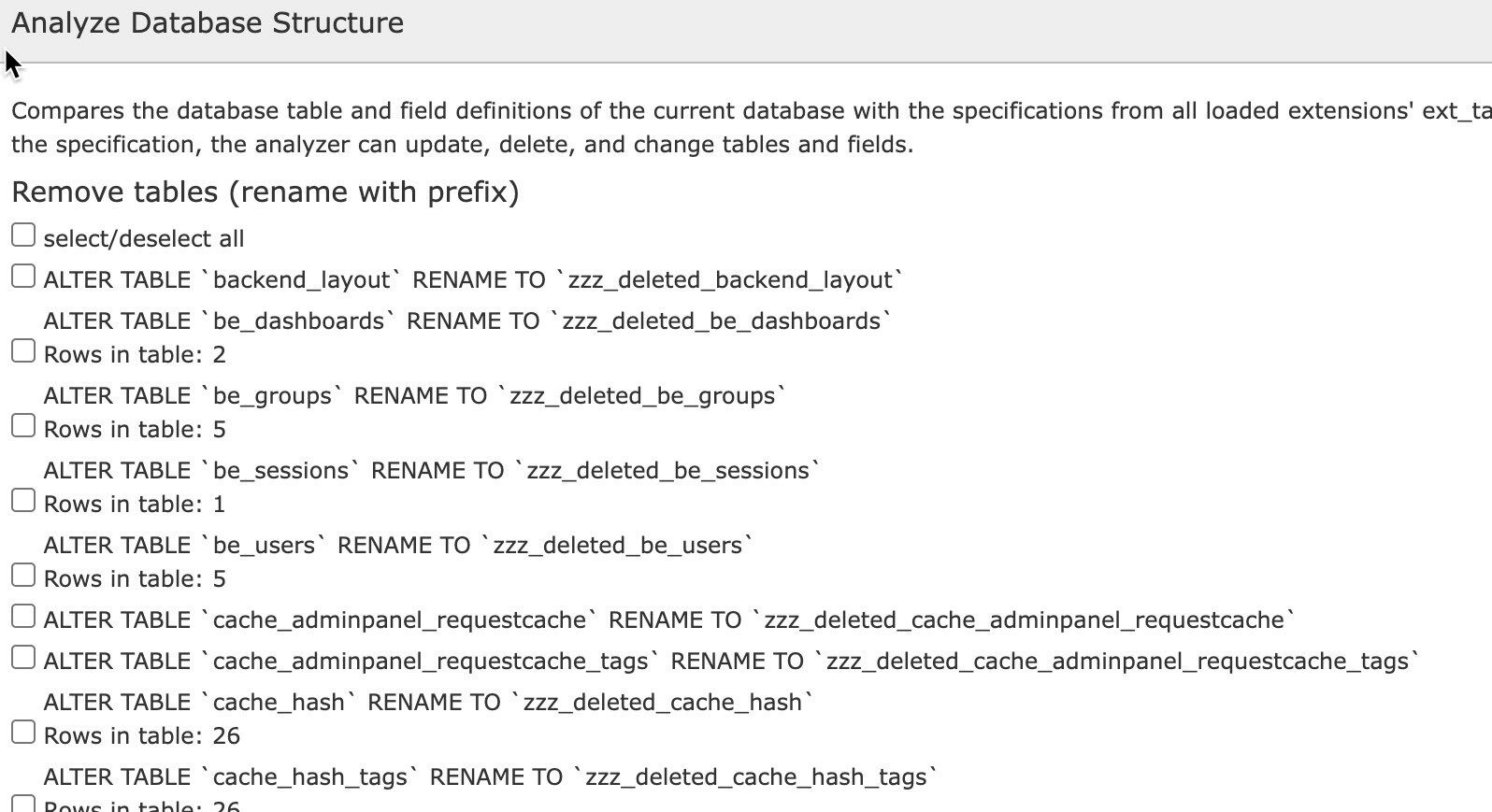 You are currently viewing TYPO3: Database Analyzer möchte alle Standard-Tabellen löschen